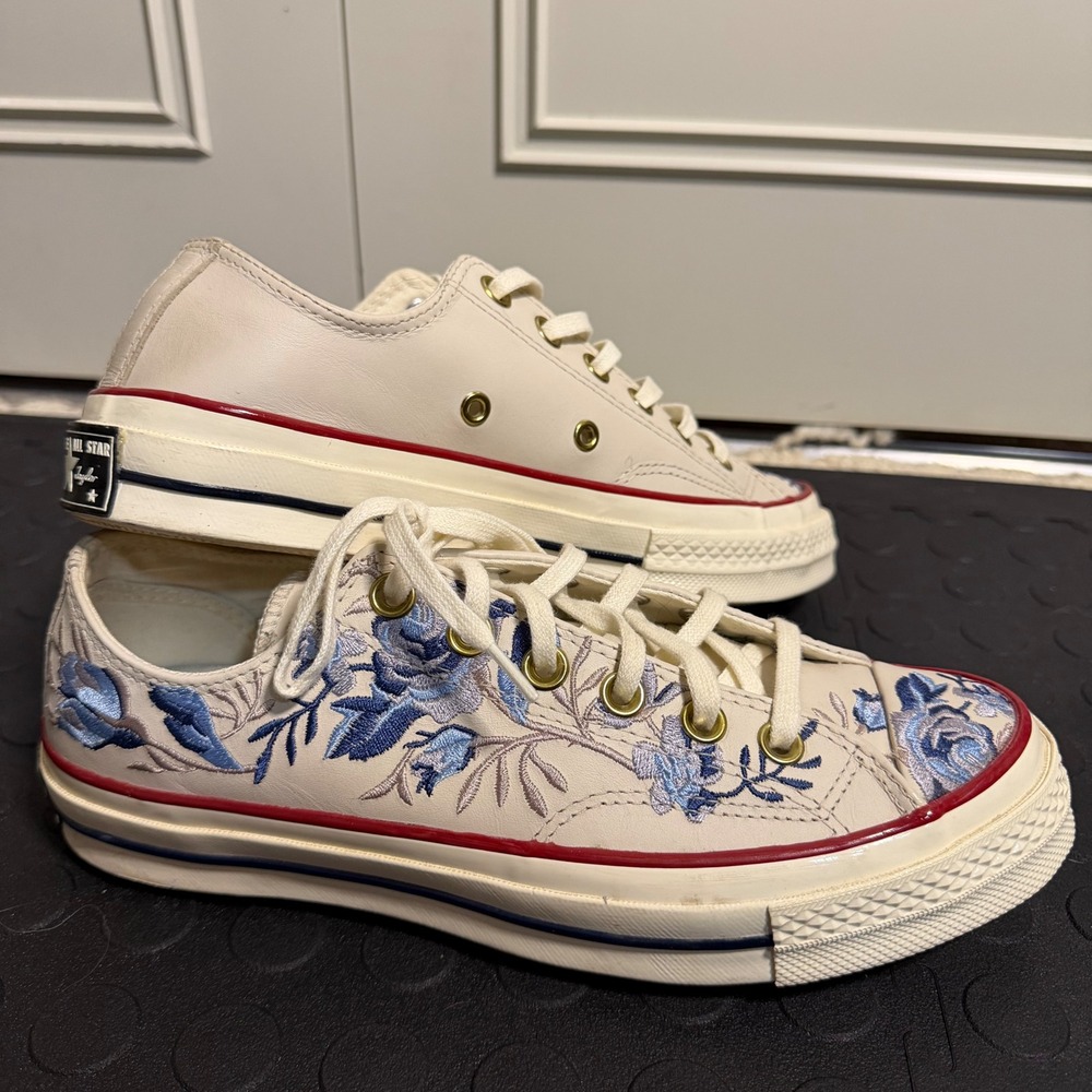 Converse Chuck 70 Ox Leather Blue Floral Embroidered Sneakers Cream Mens 6 Wmn 8